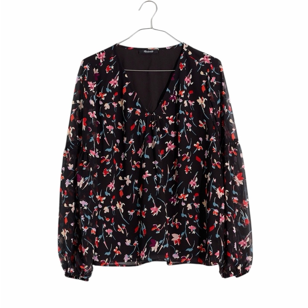 Madewell Floral Long Sleeve Top Small V-Neck Sheer Shirred Drifting Flowers NWT